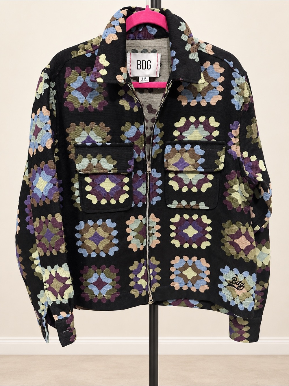 BDG Urban Outfitters Jacquard Granny Square Zip Shirt Jacket Black Size S